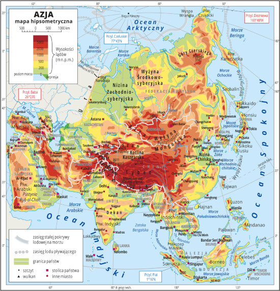Obraz przedstawia mapę ukształtowania powierzchni Azji.